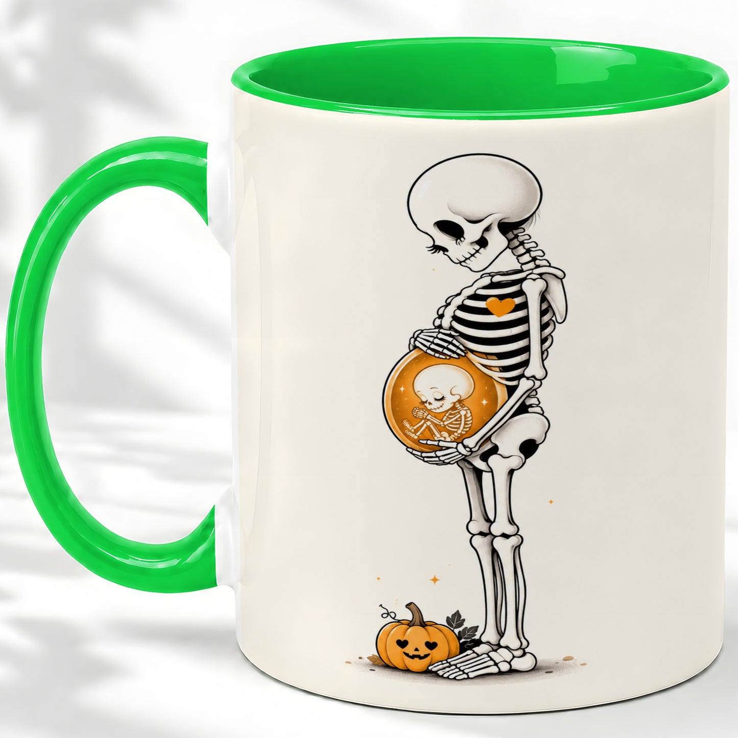 #pl[11oz|Green] Pregnant Skeleton Ceramic Mug, Halloween Art for Expecting Moms