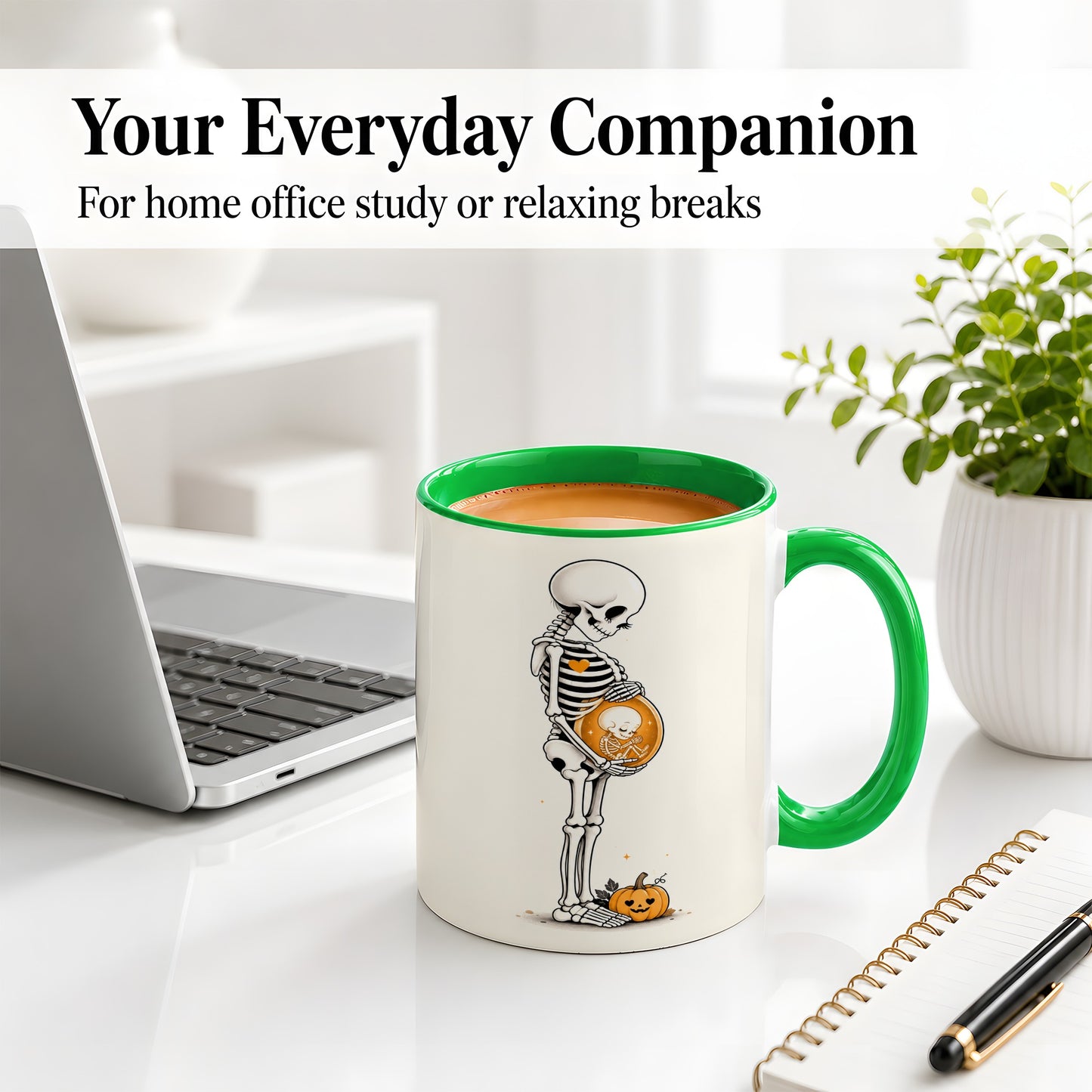 #pl[11oz|Green] Pregnant Skeleton Ceramic Mug, Halloween Art for Expecting Moms