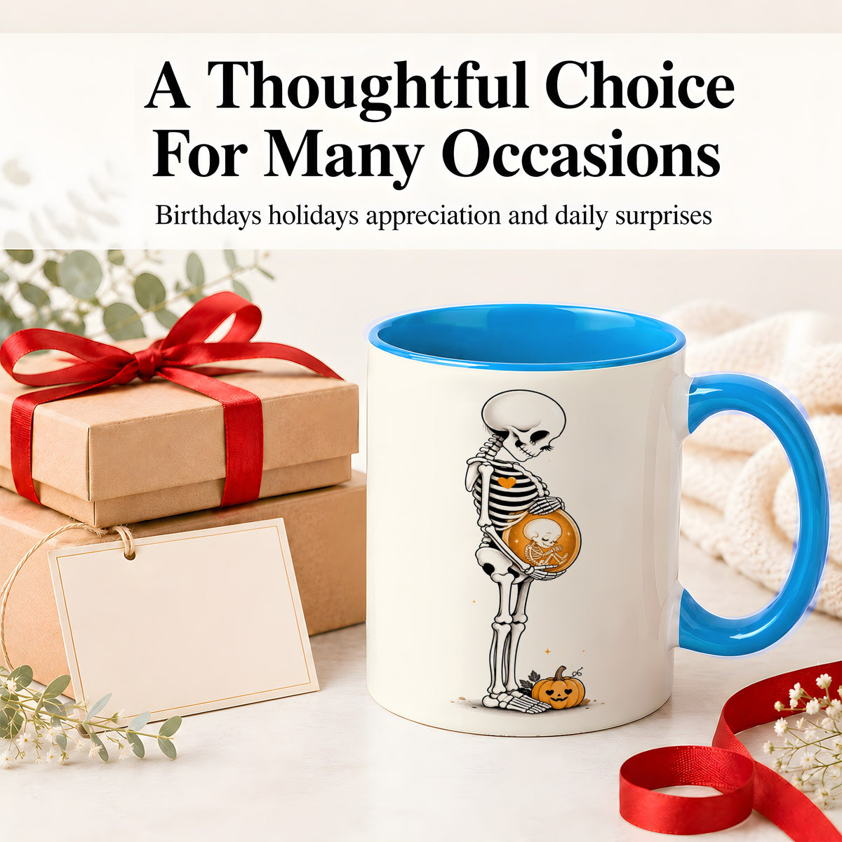 #pl[11oz|Blue] Pregnant Skeleton Ceramic Mug, Halloween Art for Expecting Moms