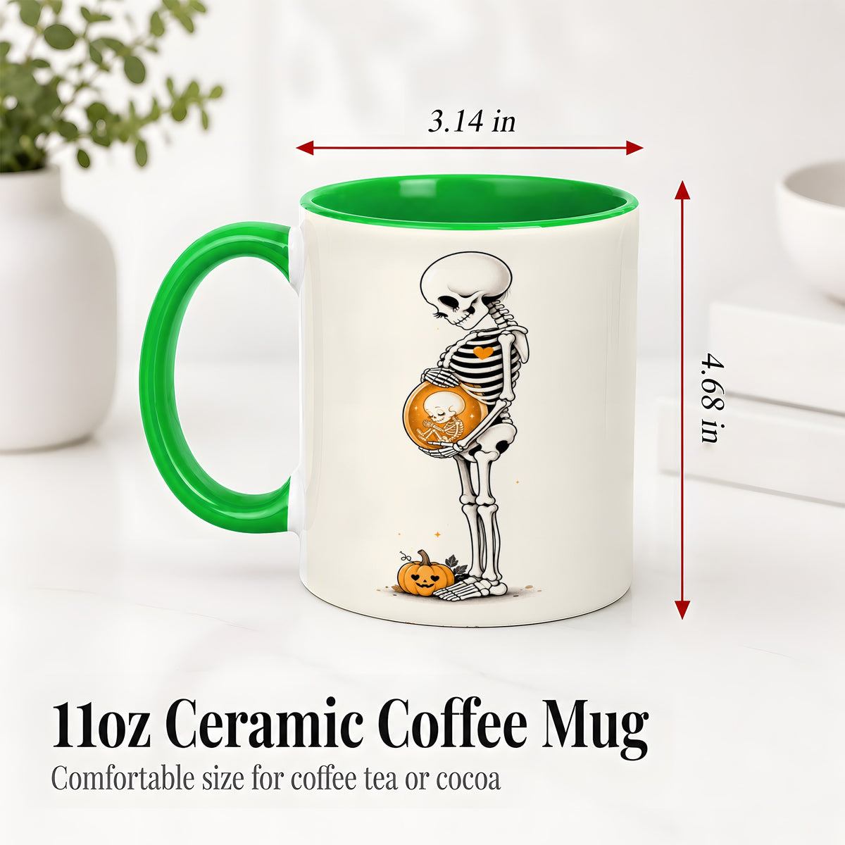 #pl[11oz|Green] Pregnant Skeleton Ceramic Mug, Halloween Art for Expecting Moms