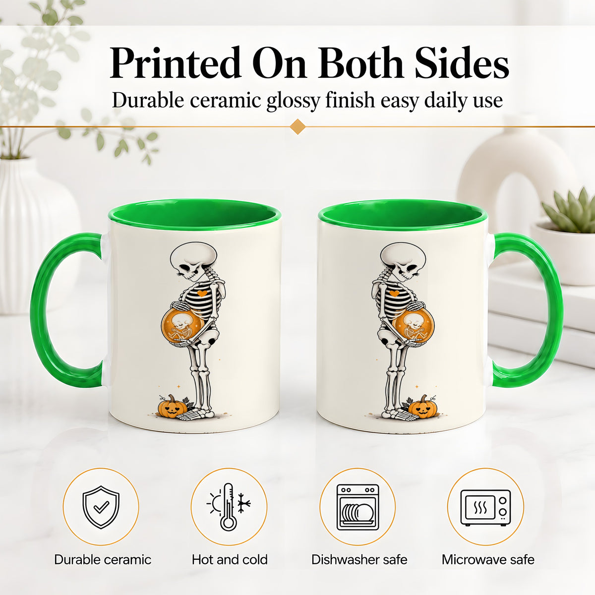 #pl[11oz|Green] Pregnant Skeleton Ceramic Mug, Halloween Art for Expecting Moms