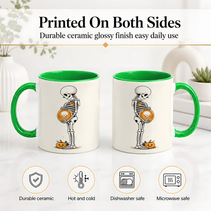#pl[11oz|Green] Pregnant Skeleton Ceramic Mug, Halloween Art for Expecting Moms
