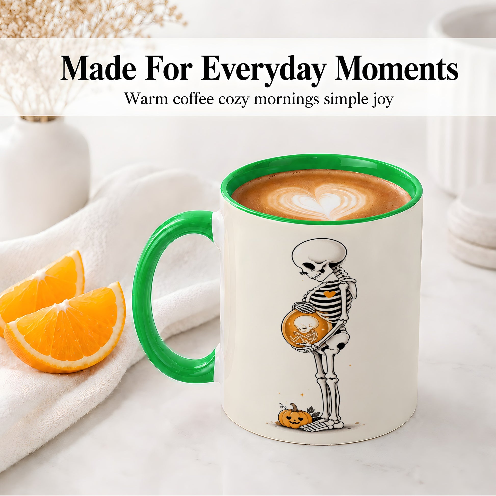 #pl[11oz|Green] Pregnant Skeleton Ceramic Mug, Halloween Art for Expecting Moms