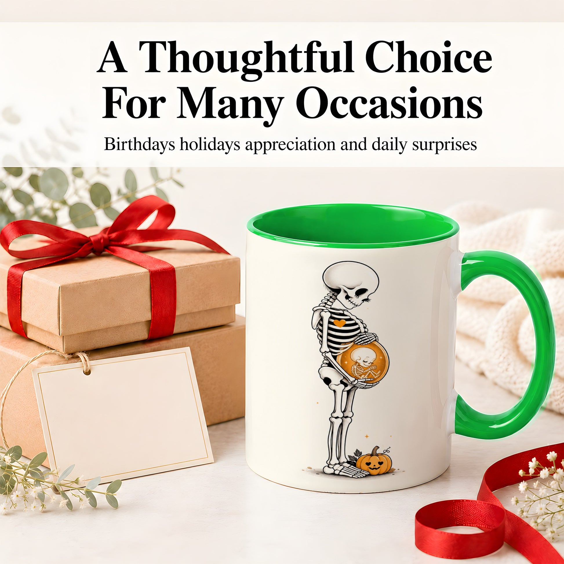 #pl[11oz|Green] Pregnant Skeleton Ceramic Mug, Halloween Art for Expecting Moms