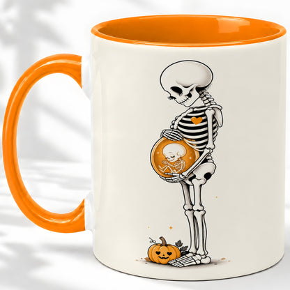 #pl[11oz|Orange] Pregnant Skeleton Ceramic Mug, Halloween Art for Expecting Moms