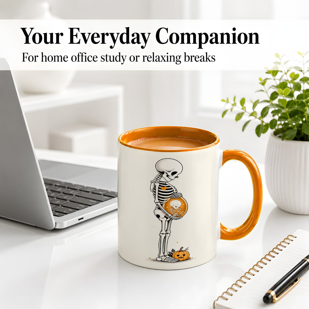 #pl[11oz|Orange] Pregnant Skeleton Ceramic Mug, Halloween Art for Expecting Moms