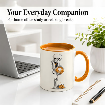 #pl[11oz|Orange] Pregnant Skeleton Ceramic Mug, Halloween Art for Expecting Moms