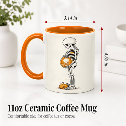 #pl[11oz|Orange] Pregnant Skeleton Ceramic Mug, Halloween Art for Expecting Moms
