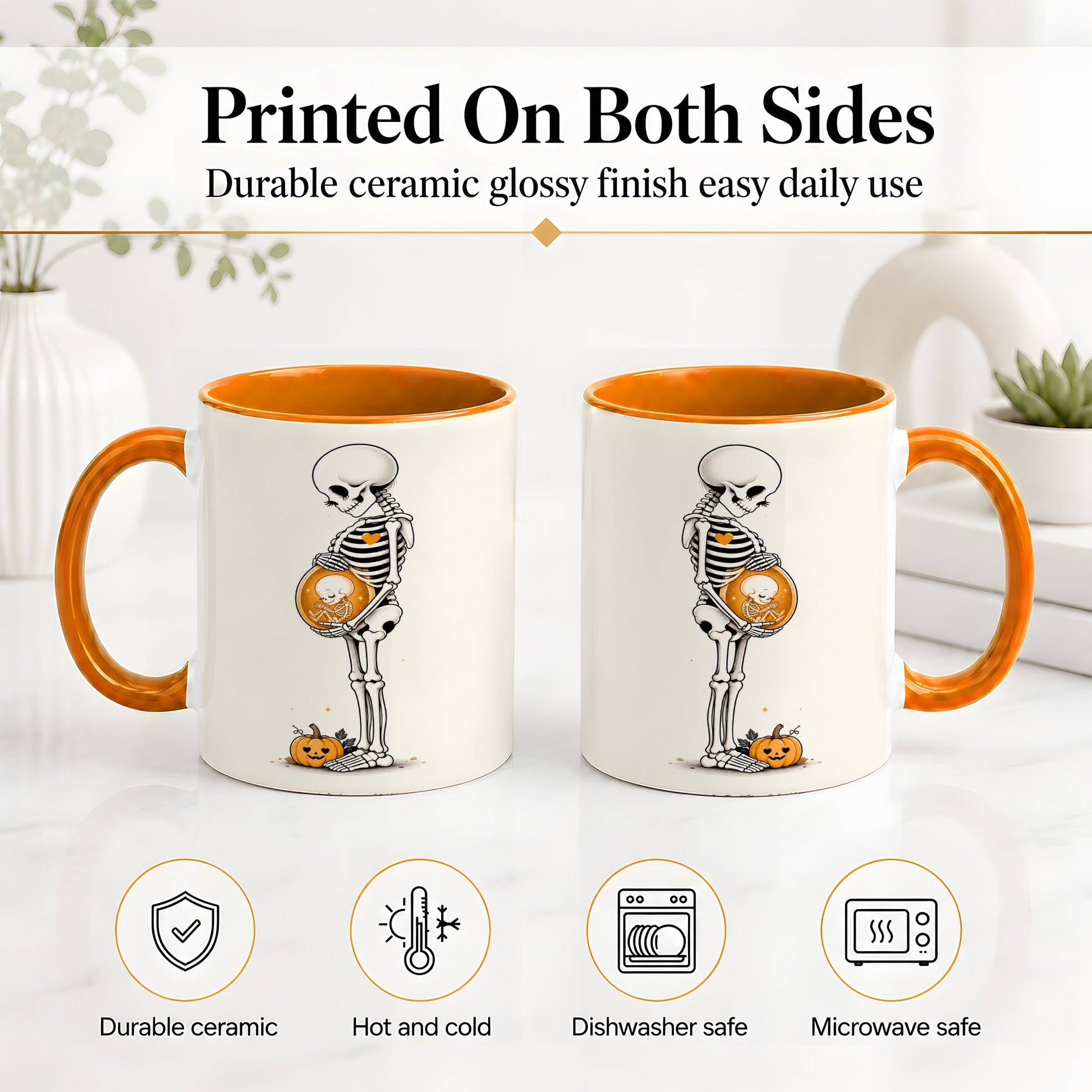 #pl[11oz|Orange] Pregnant Skeleton Ceramic Mug, Halloween Art for Expecting Moms