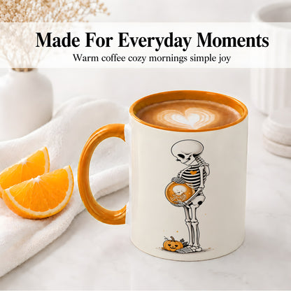 #pl[11oz|Orange] Pregnant Skeleton Ceramic Mug, Halloween Art for Expecting Moms