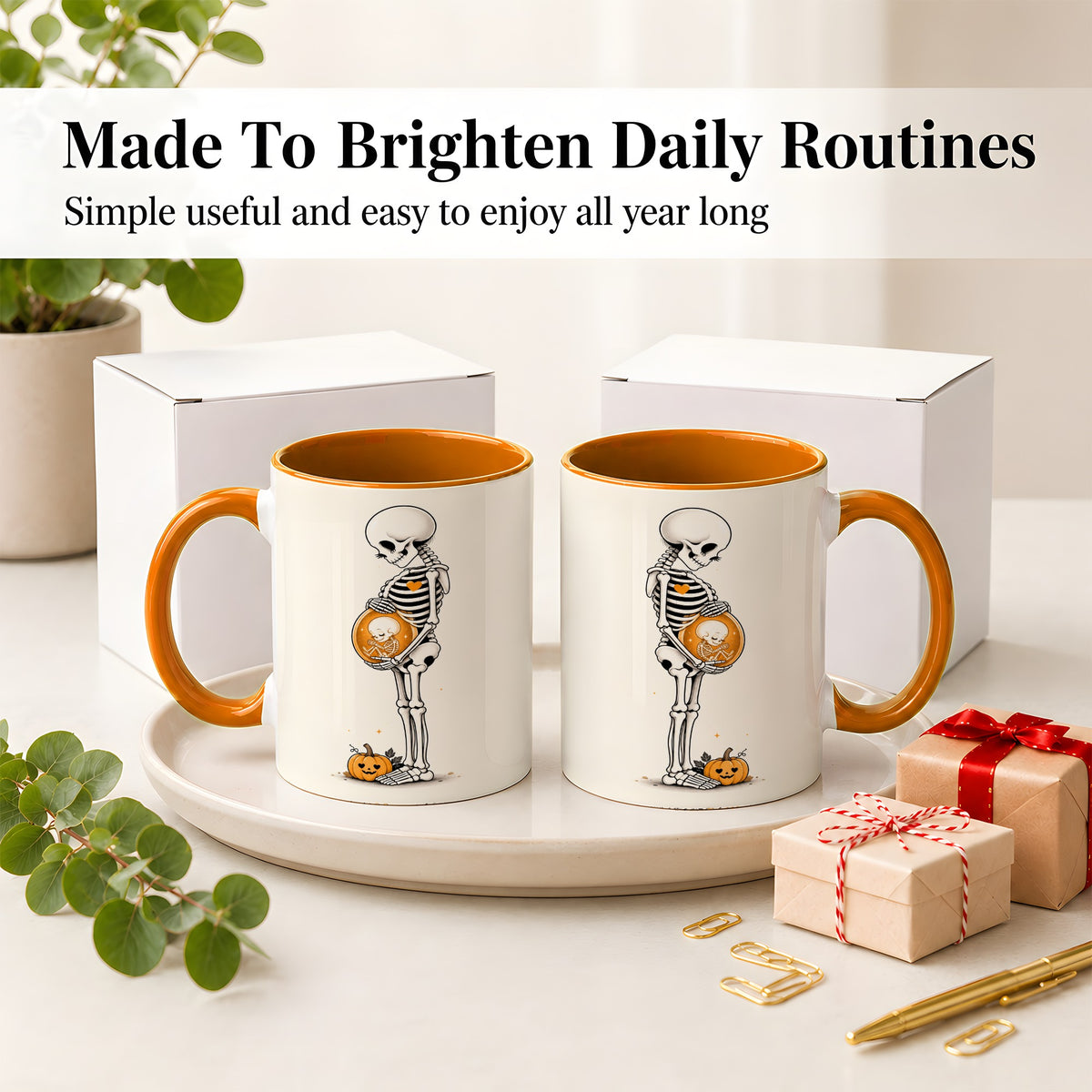 #pl[11oz|Orange] Pregnant Skeleton Ceramic Mug, Halloween Art for Expecting Moms