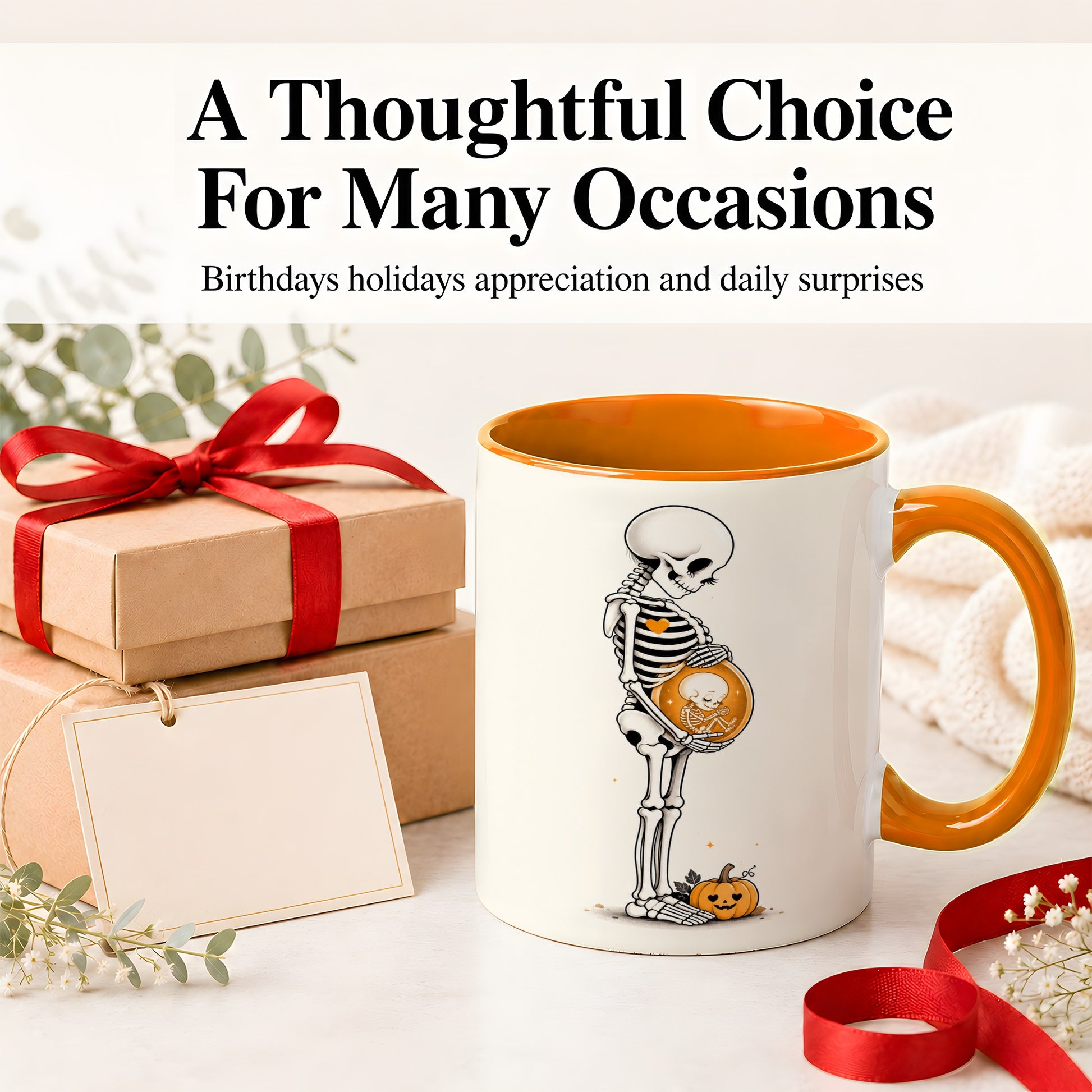 #pl[11oz|Orange] Pregnant Skeleton Ceramic Mug, Halloween Art for Expecting Moms
