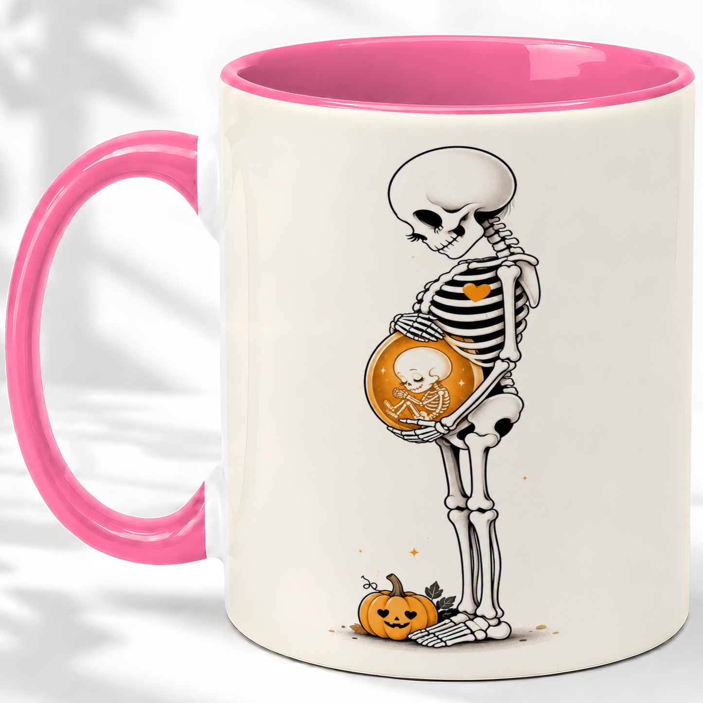 #pl[11oz|Pink] Pregnant Skeleton Ceramic Mug, Halloween Art for Expecting Moms