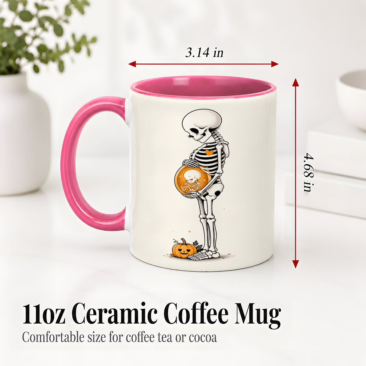 #pl[11oz|Pink] Pregnant Skeleton Ceramic Mug, Halloween Art for Expecting Moms