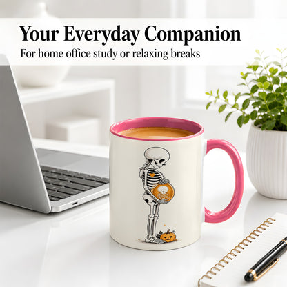 #pl[11oz|Pink] Pregnant Skeleton Ceramic Mug, Halloween Art for Expecting Moms