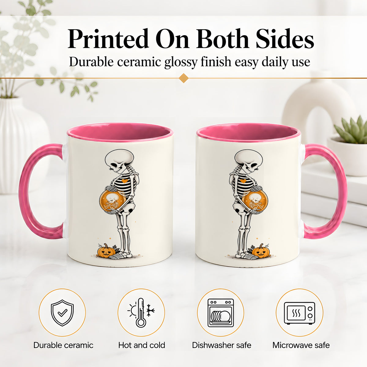 #pl[11oz|Pink] Pregnant Skeleton Ceramic Mug, Halloween Art for Expecting Moms