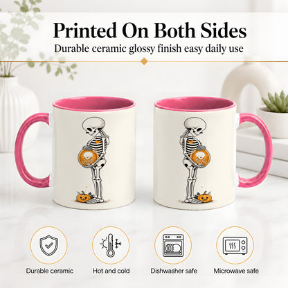 #pl[11oz|Pink] Pregnant Skeleton Ceramic Mug, Halloween Art for Expecting Moms