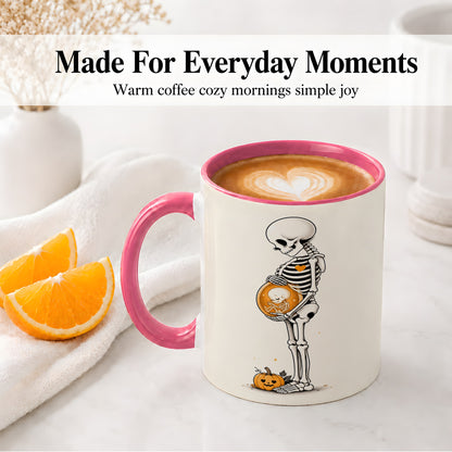 #pl[11oz|Pink] Pregnant Skeleton Ceramic Mug, Halloween Art for Expecting Moms