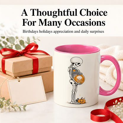 #pl[11oz|Pink] Pregnant Skeleton Ceramic Mug, Halloween Art for Expecting Moms