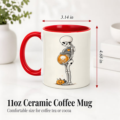 #pl[11oz|Red] Pregnant Skeleton Ceramic Mug, Halloween Art for Expecting Moms