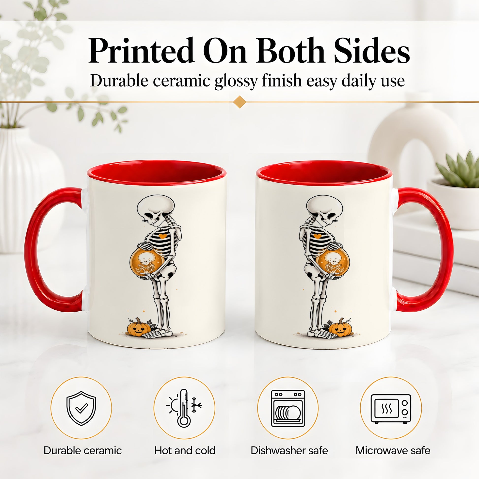 #pl[11oz|Red] Pregnant Skeleton Ceramic Mug, Halloween Art for Expecting Moms
