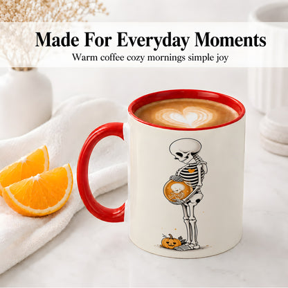 #pl[11oz|Red] Pregnant Skeleton Ceramic Mug, Halloween Art for Expecting Moms