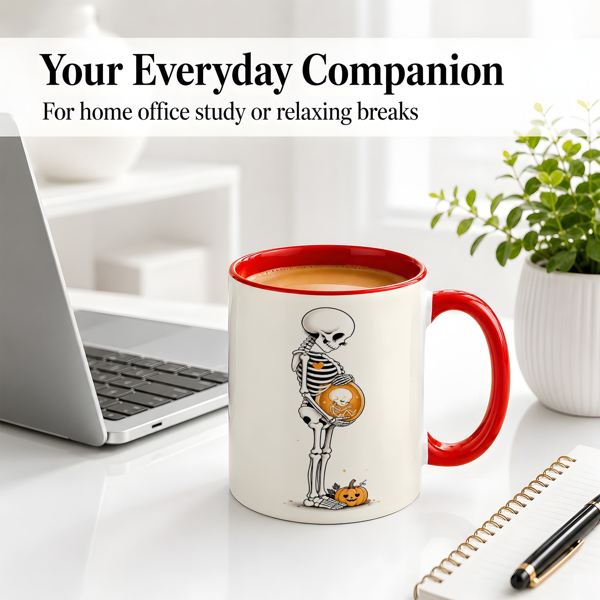 #pl[11oz|Red] Pregnant Skeleton Ceramic Mug, Halloween Art for Expecting Moms