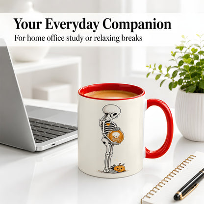 #pl[11oz|Red] Pregnant Skeleton Ceramic Mug, Halloween Art for Expecting Moms