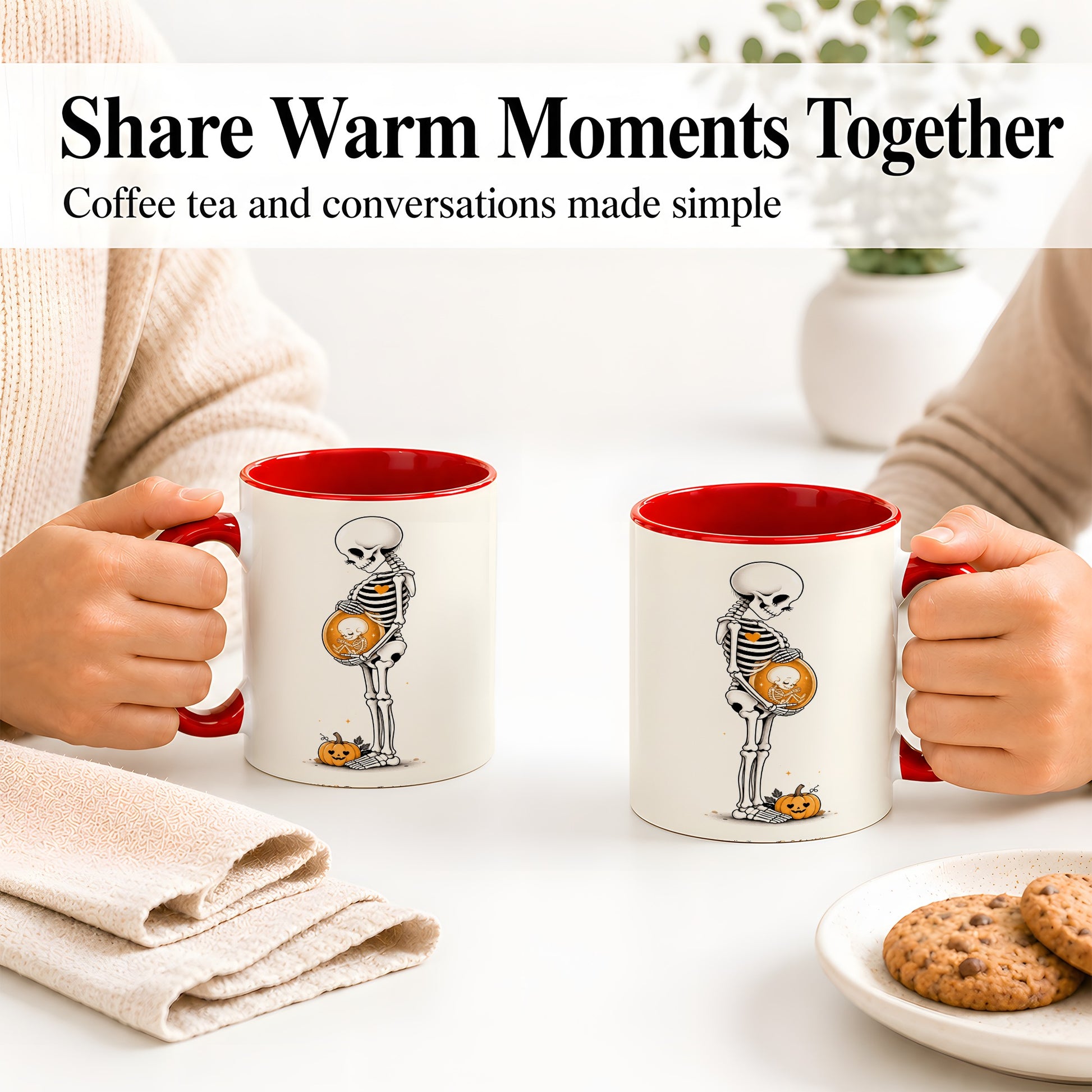 #pl[11oz|Red] Pregnant Skeleton Ceramic Mug, Halloween Art for Expecting Moms