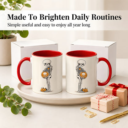 #pl[11oz|Red] Pregnant Skeleton Ceramic Mug, Halloween Art for Expecting Moms