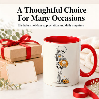 #pl[11oz|Red] Pregnant Skeleton Ceramic Mug, Halloween Art for Expecting Moms