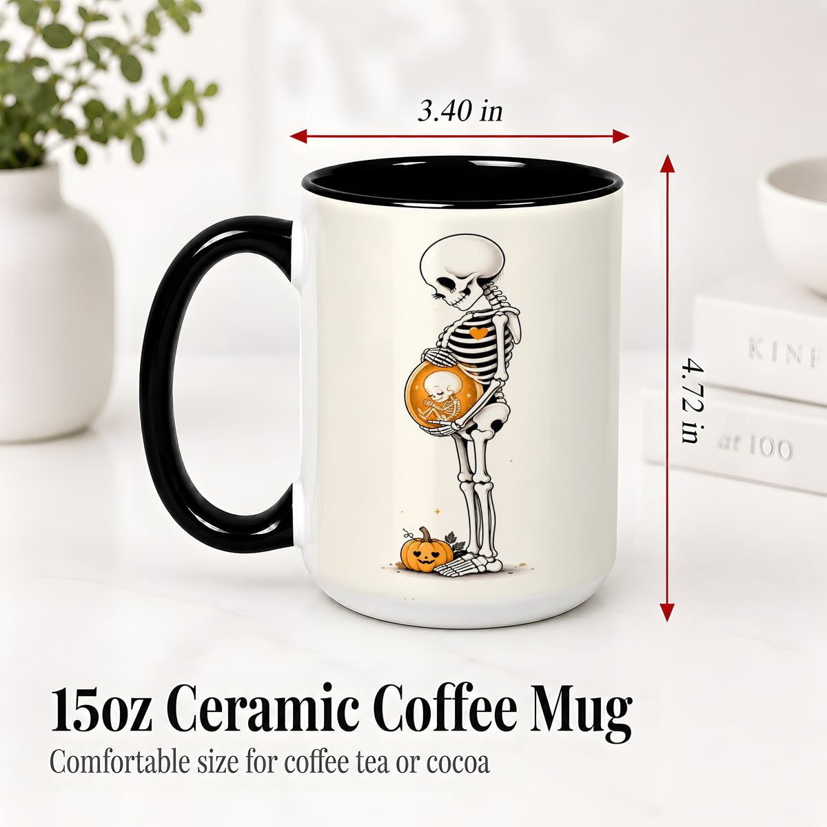 #pl[15oz|Black] Pregnant Skeleton Ceramic Mug, Halloween Art for Expecting Moms
