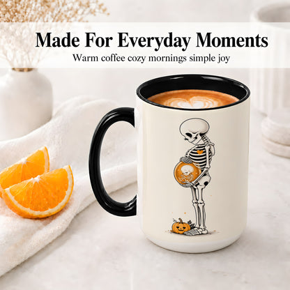 #pl[15oz|Black] Pregnant Skeleton Ceramic Mug, Halloween Art for Expecting Moms