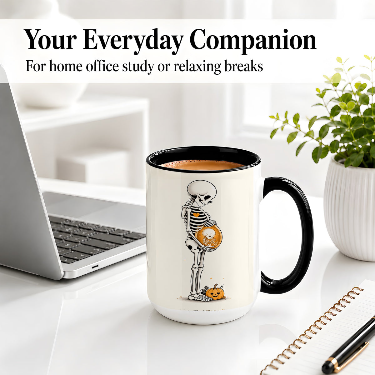 #pl[15oz|Black] Pregnant Skeleton Ceramic Mug, Halloween Art for Expecting Moms