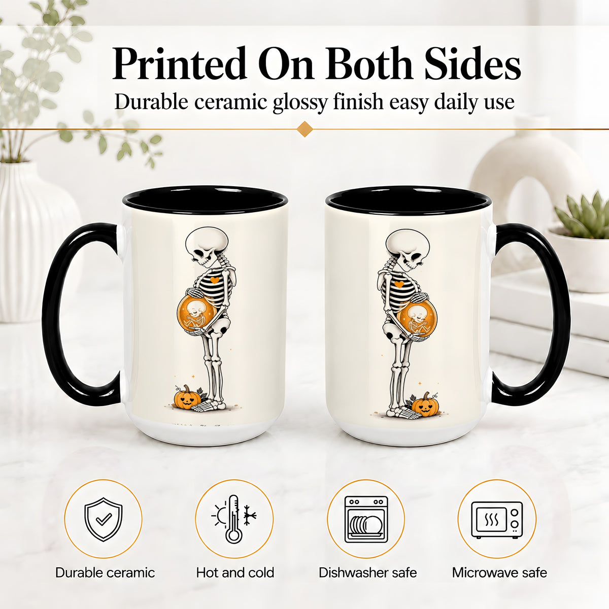 #pl[15oz|Black] Pregnant Skeleton Ceramic Mug, Halloween Art for Expecting Moms