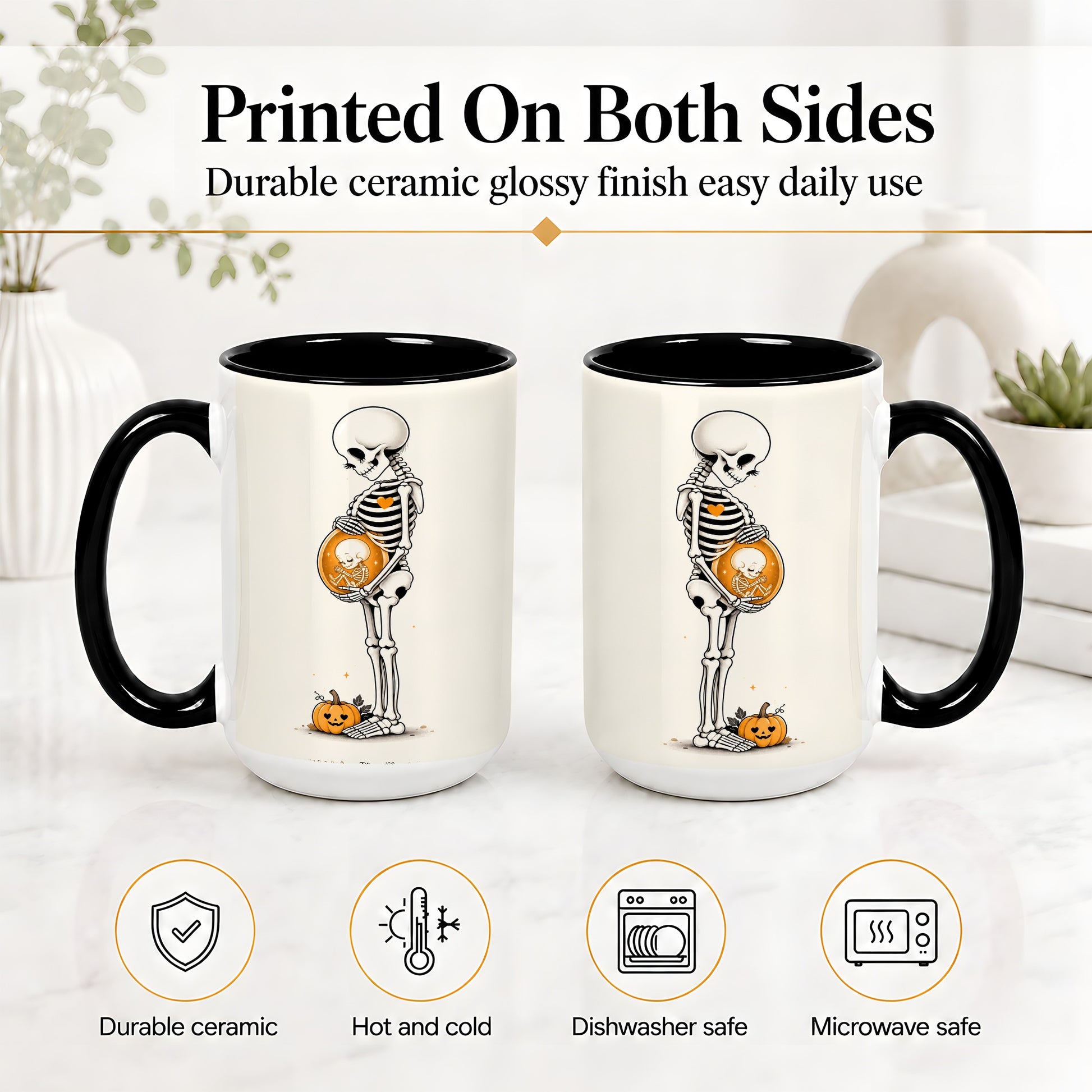 #pl[15oz|Black] Pregnant Skeleton Ceramic Mug, Halloween Art for Expecting Moms