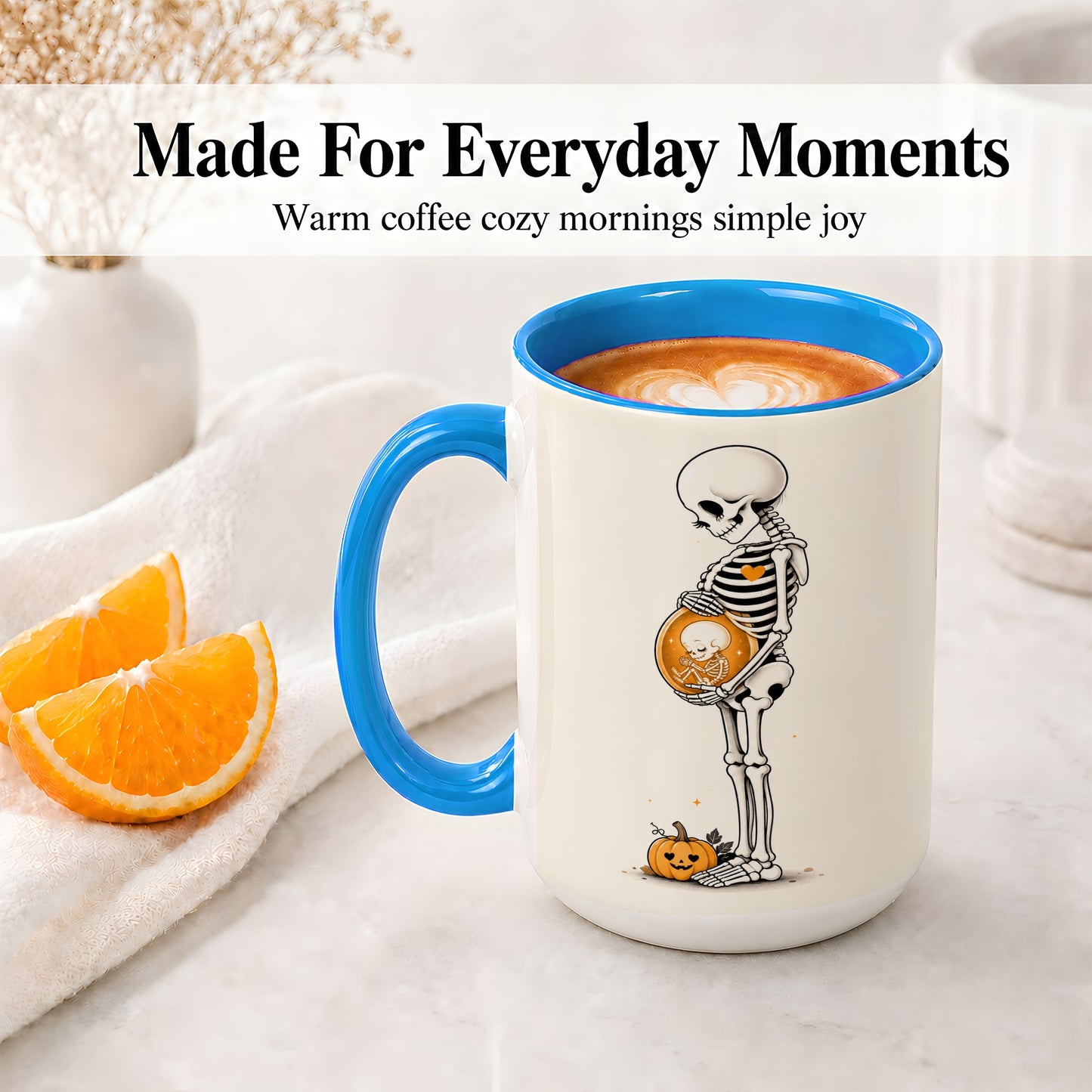 #pl[15oz|Blue] Pregnant Skeleton Ceramic Mug, Halloween Art for Expecting Moms