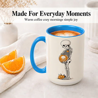 #pl[15oz|Blue] Pregnant Skeleton Ceramic Mug, Halloween Art for Expecting Moms