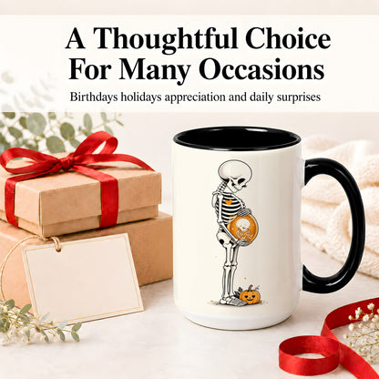 #pl[15oz|Black] Pregnant Skeleton Ceramic Mug, Halloween Art for Expecting Moms