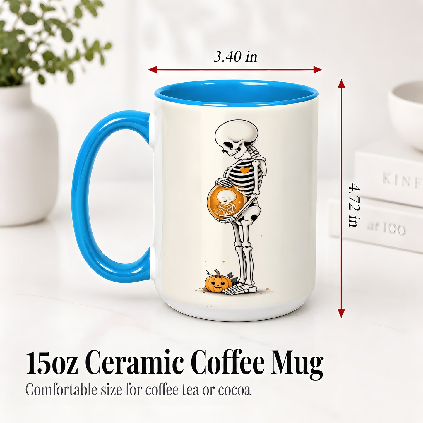 #pl[15oz|Blue] Pregnant Skeleton Ceramic Mug, Halloween Art for Expecting Moms