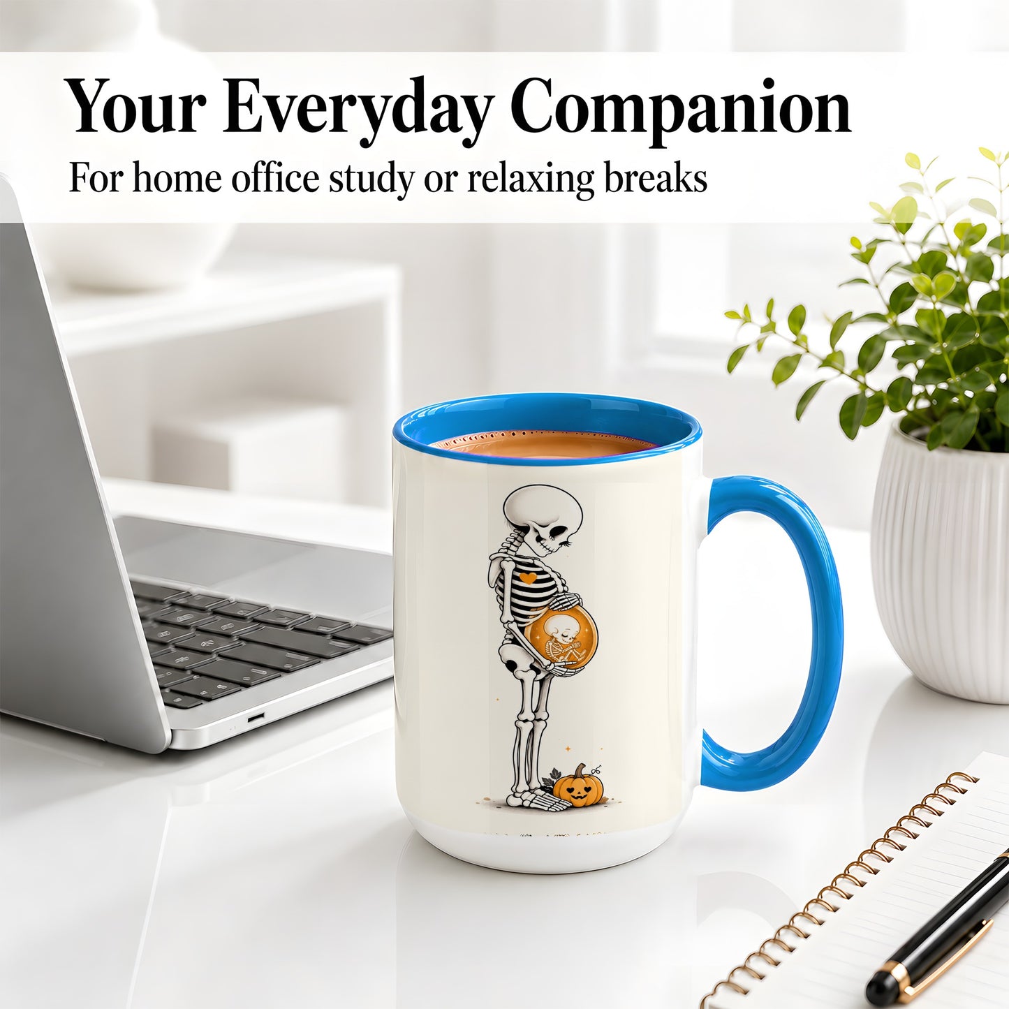 #pl[15oz|Blue] Pregnant Skeleton Ceramic Mug, Halloween Art for Expecting Moms