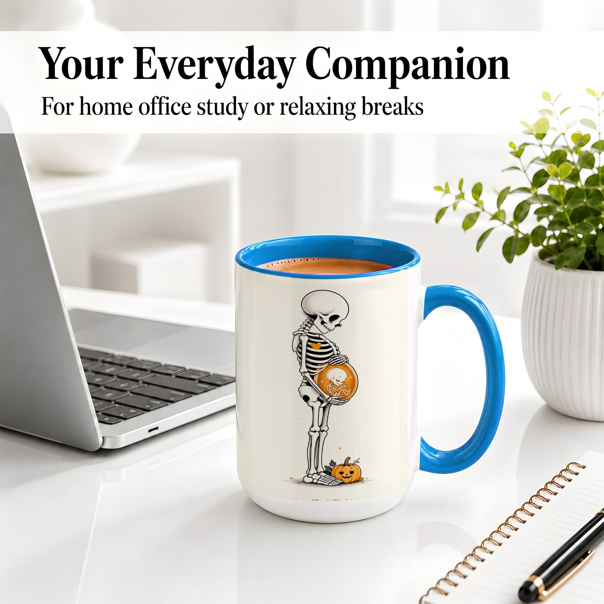 #pl[15oz|Blue] Pregnant Skeleton Ceramic Mug, Halloween Art for Expecting Moms
