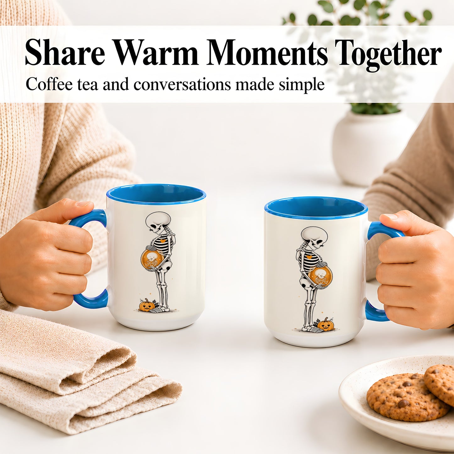 #pl[15oz|Blue] Pregnant Skeleton Ceramic Mug, Halloween Art for Expecting Moms
