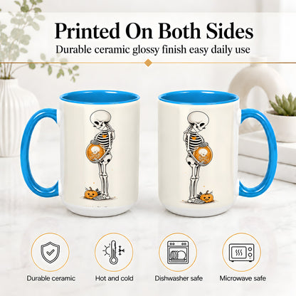 #pl[15oz|Blue] Pregnant Skeleton Ceramic Mug, Halloween Art for Expecting Moms