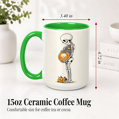 #pl[15oz|Green] Pregnant Skeleton Ceramic Mug, Halloween Art for Expecting Moms