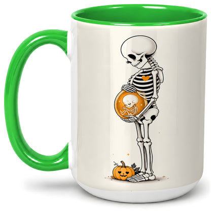 #pl[15oz|Green] Pregnant Skeleton Ceramic Mug, Halloween Art for Expecting Moms