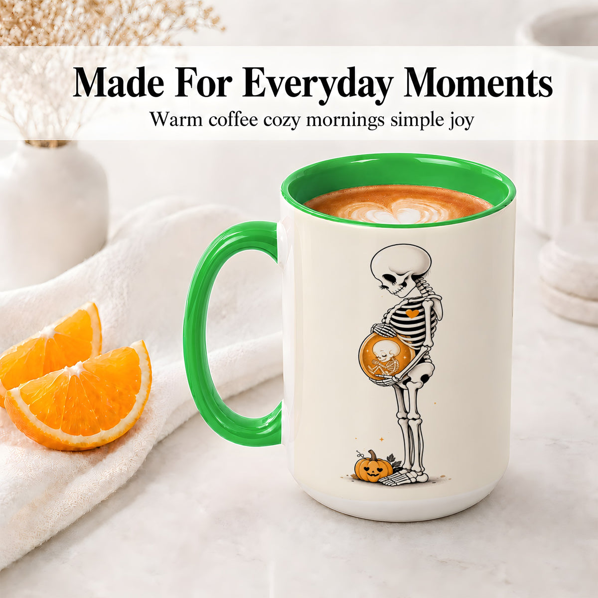 #pl[15oz|Green] Pregnant Skeleton Ceramic Mug, Halloween Art for Expecting Moms