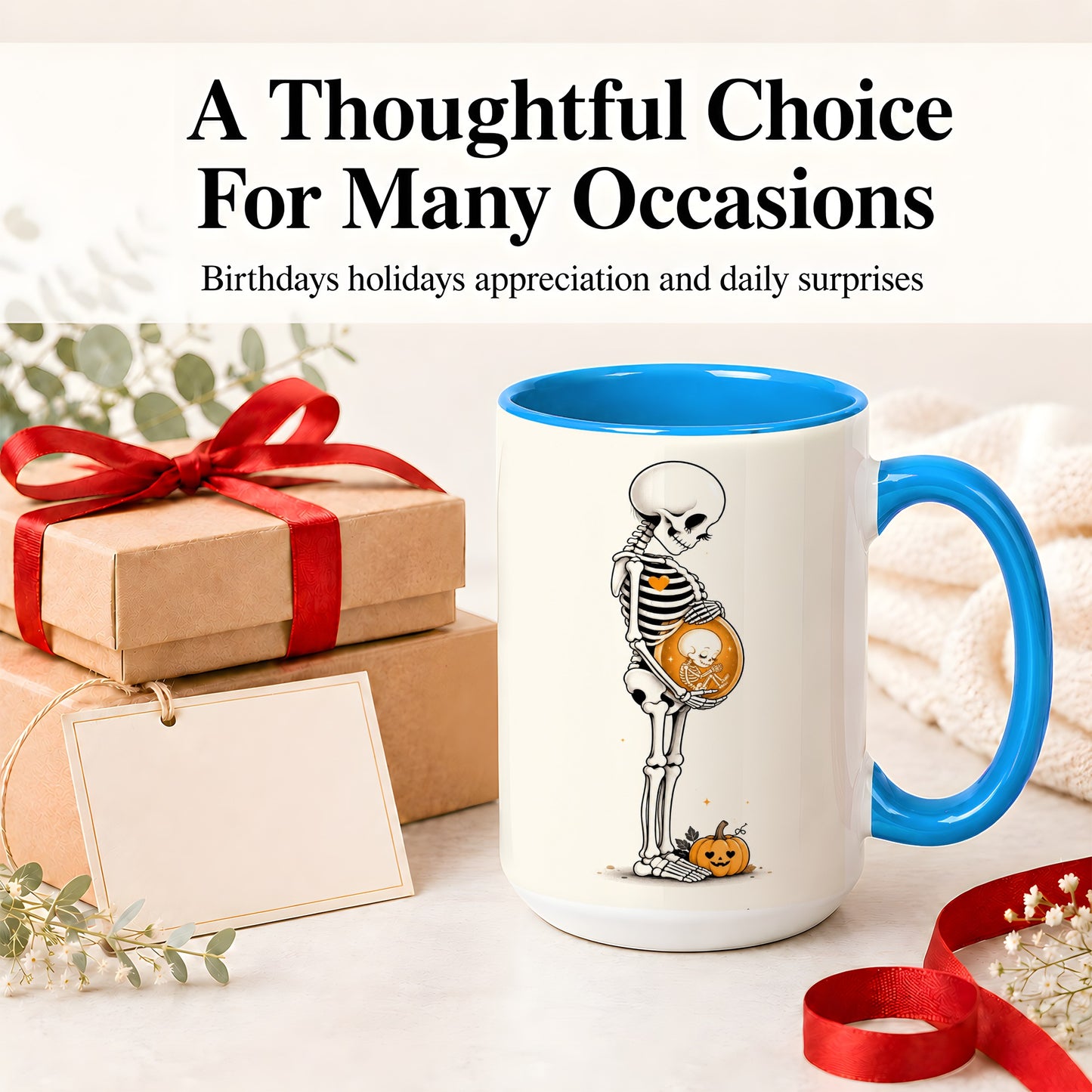 #pl[15oz|Blue] Pregnant Skeleton Ceramic Mug, Halloween Art for Expecting Moms