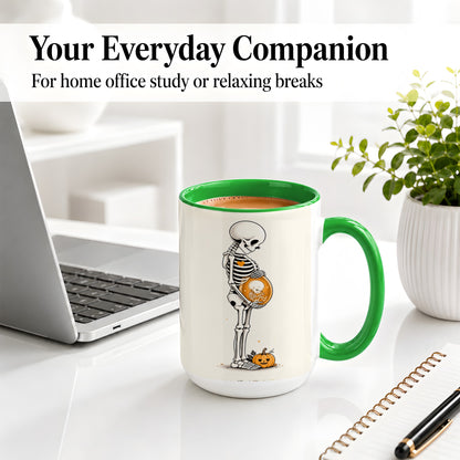 #pl[15oz|Green] Pregnant Skeleton Ceramic Mug, Halloween Art for Expecting Moms