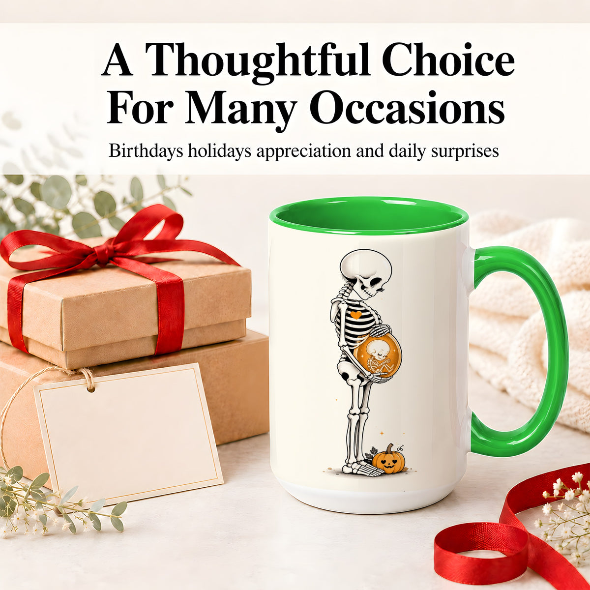 #pl[15oz|Green] Pregnant Skeleton Ceramic Mug, Halloween Art for Expecting Moms
